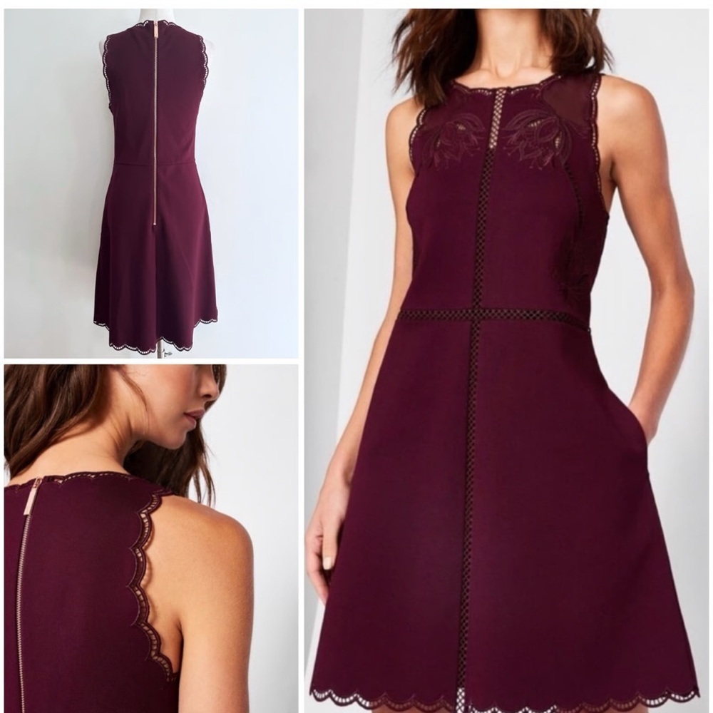 Ted Baker Embroidered Scallop Burgundy Laser Cut Dress Size 0 NWOT